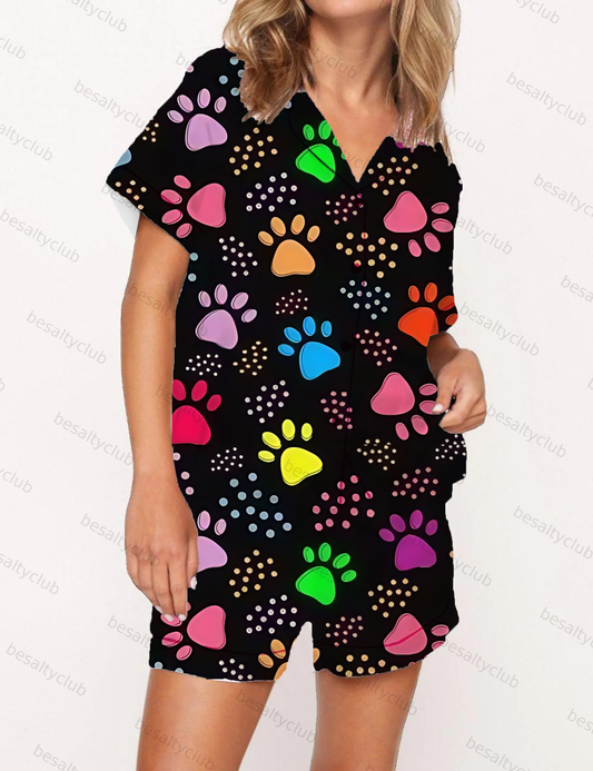 Colorful Paw Print Daily Wear Satin Pajama Short Set