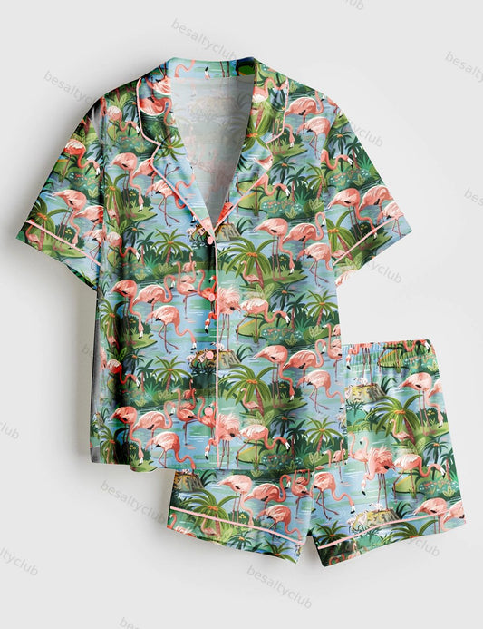Flamingo Lagoon Summer Beach Plant Short Sleeve Satin Pajama Set