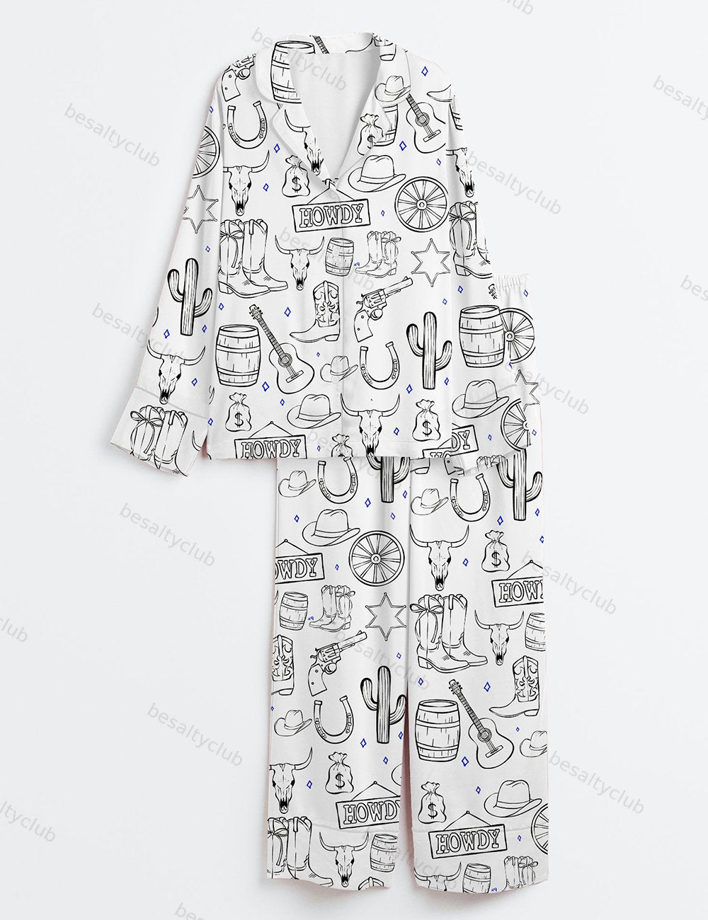 Cowboy Western Procreate Cowboy Boots Hat Skull Howdy Cowboy Hat Music Long Sleeve Satin Pajama Set
