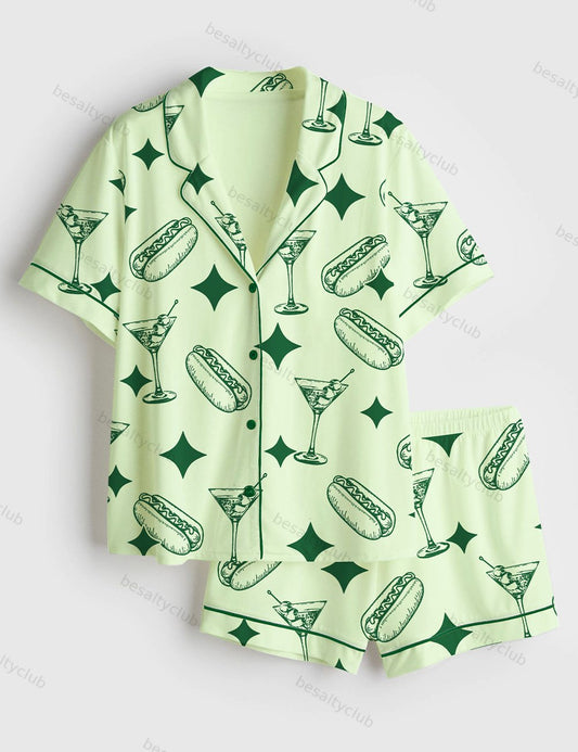 Green Tinis And Weenies Dirty Martini Party Print Short Sleeve Satin Pajama Set