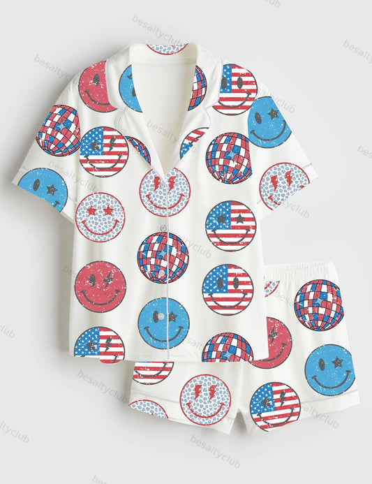 Patriotic Stars Stripes USA Flag 4th Of July American Flag Independence Day Red White Blue Smile Face Short Sleeve Satin Pajama Set