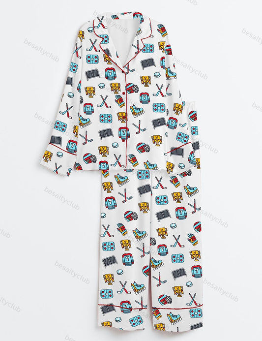 Hockey Mom Watercolor Ice Hockey Long Sleeve Satin Pajama Set