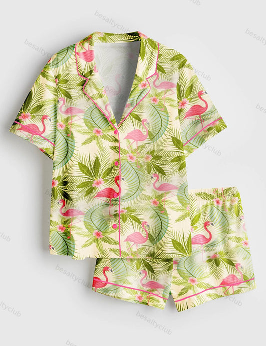 Flamingo Paradiso Summer Beach Plant Short Sleeve Satin Pajama Set