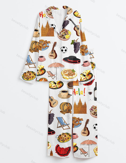 Spain Europe Travel Planner Long Sleeve Satin Pajama Set