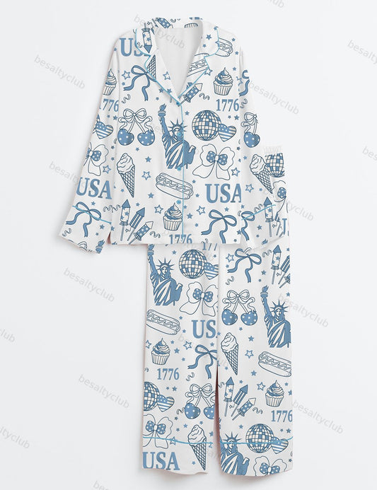 Retro America Coquette Preppy 4th Of July Girly Memorial Day Print Long Sleeve Satin Pajama Set