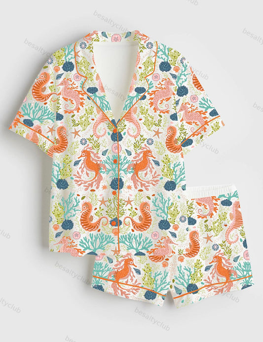 Seahorses Coastal Sealife Short Sleeve Satin Pajama Set