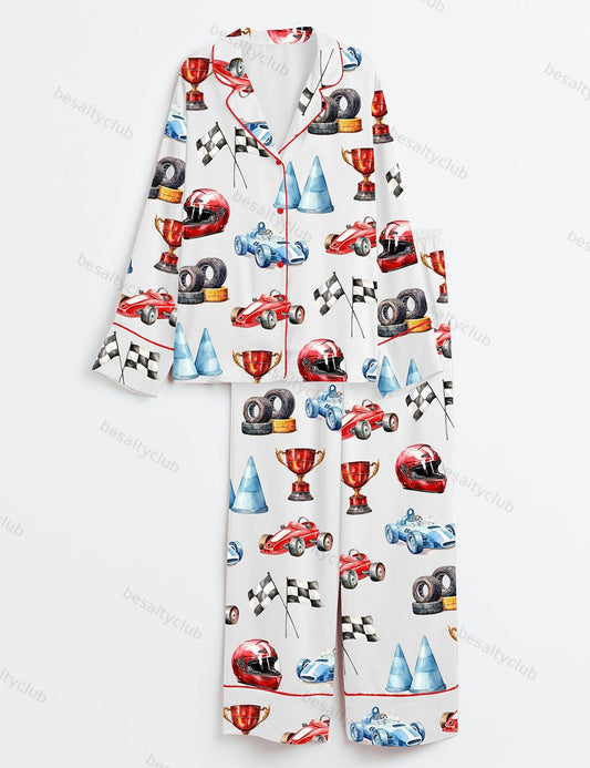 Watercolor Racing Cars Long Sleeve Satin Pajama Set