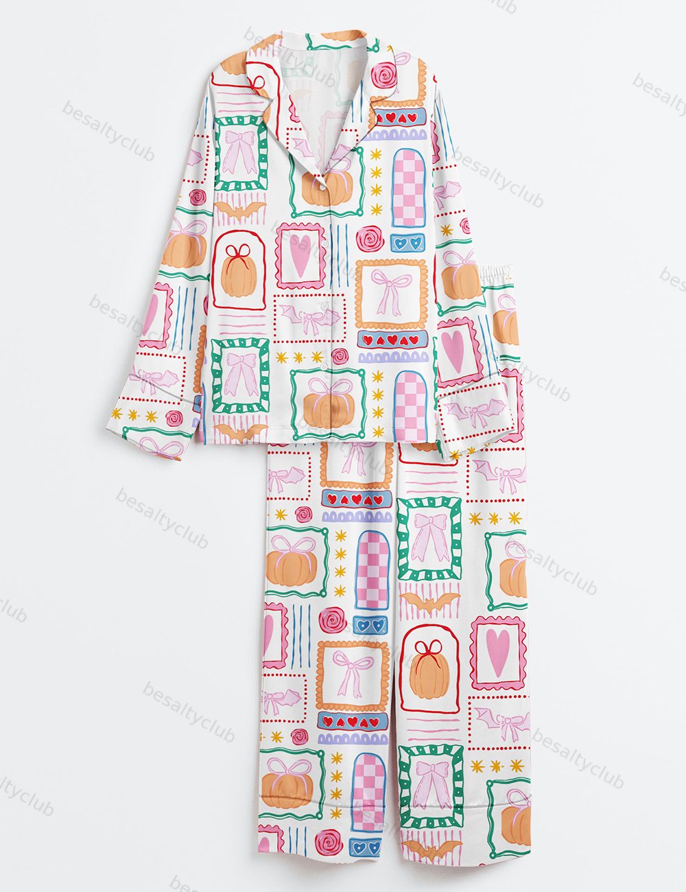 Girly Halloween Coquette Bows Preppy Halloween Print Long Sleeve Satin Pajama Set