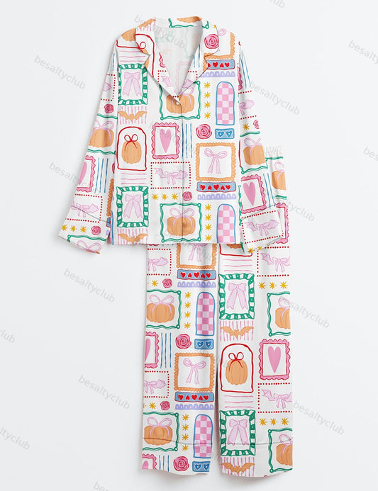 Girly Halloween Coquette Bows Preppy Halloween Print Long Sleeve Satin Pajama Set