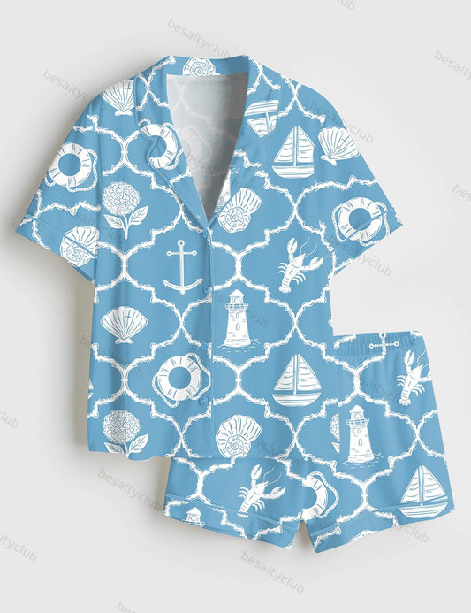 Summer Coastal Art Short Sleeve Satin Pajama Set