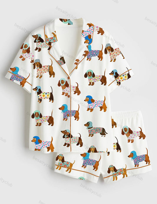 Women's Dachshund Puppies Short Sleeve Satin Pajama Set