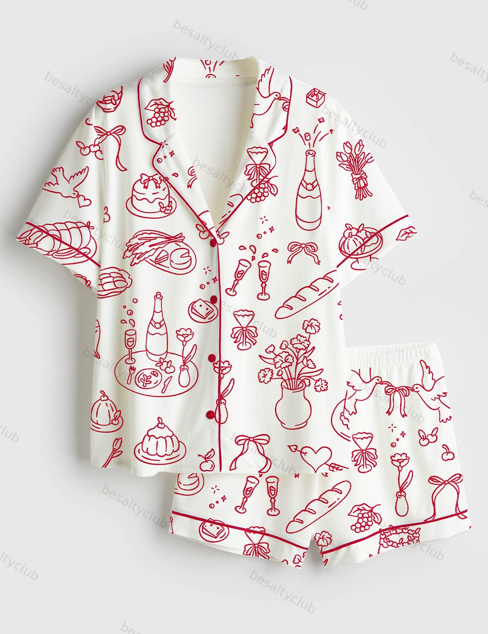 Hand Drawn Wedding Short Sleeve Satin Pajama Set