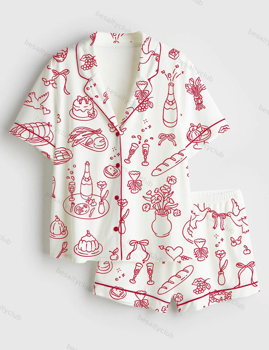 Hand Drawn Wedding Short Sleeve Satin Pajama Set