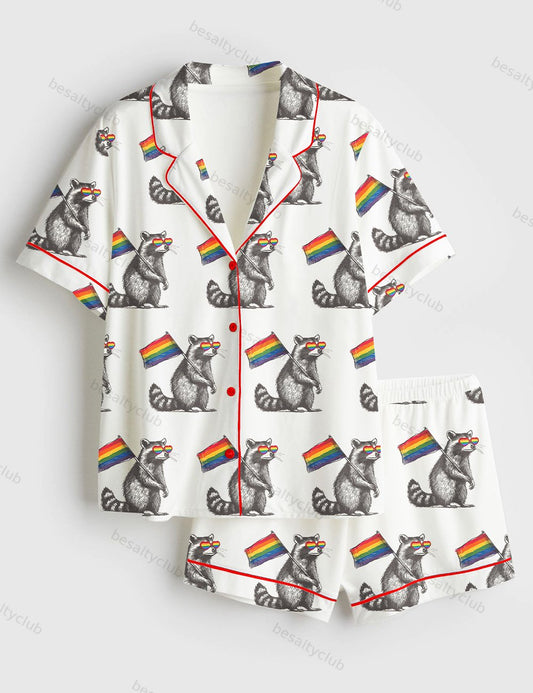 Raccoon Pride LGBT Support Racoon Pride Flag Print Short Sleeve Satin Pajama Set