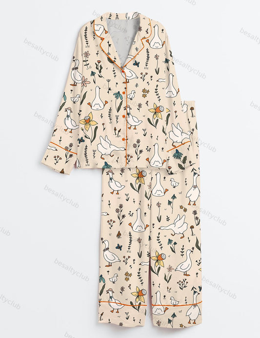 Silly Goose Hand Drawn Art Geese Farm Cute Animal Print Long Sleeve Satin Pajama Set