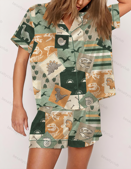 Jurassic Dinosaur Patchwork Satin Pajama Set