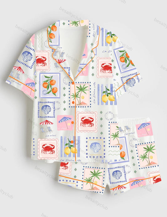 Summer Beach Travel Short Sleeve Satin Pajama Set