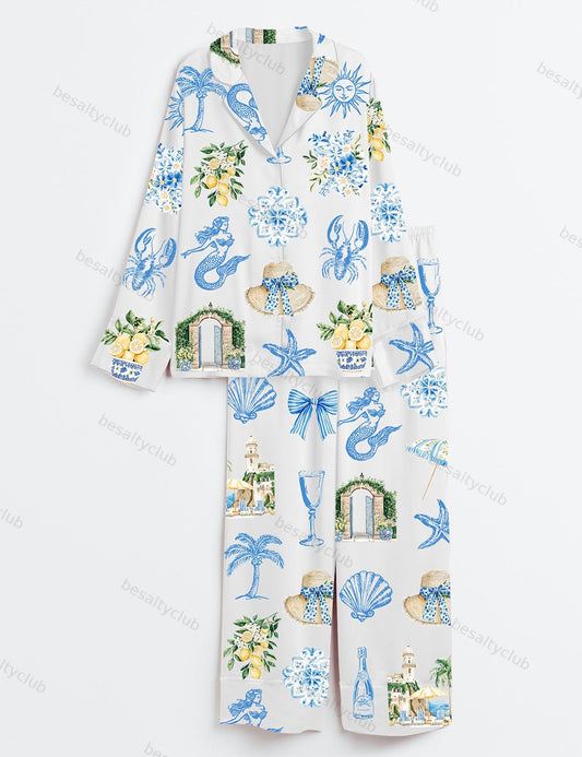 Watercolor Whimsical Watercolor Amalfi Coast Preppy Italian Summer Mediterranean Lemon Cocktail Print Long Sleeve Satin Pajama Set