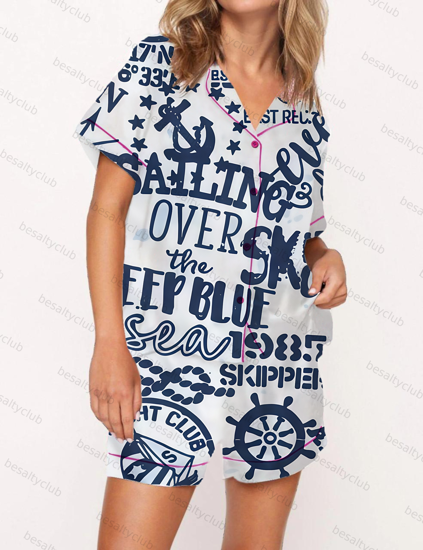 Sailing Motifs Print Satin Pajama Short Set