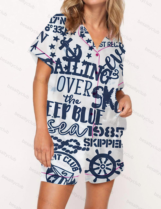 Sailing Motifs Print Satin Pajama Short Set