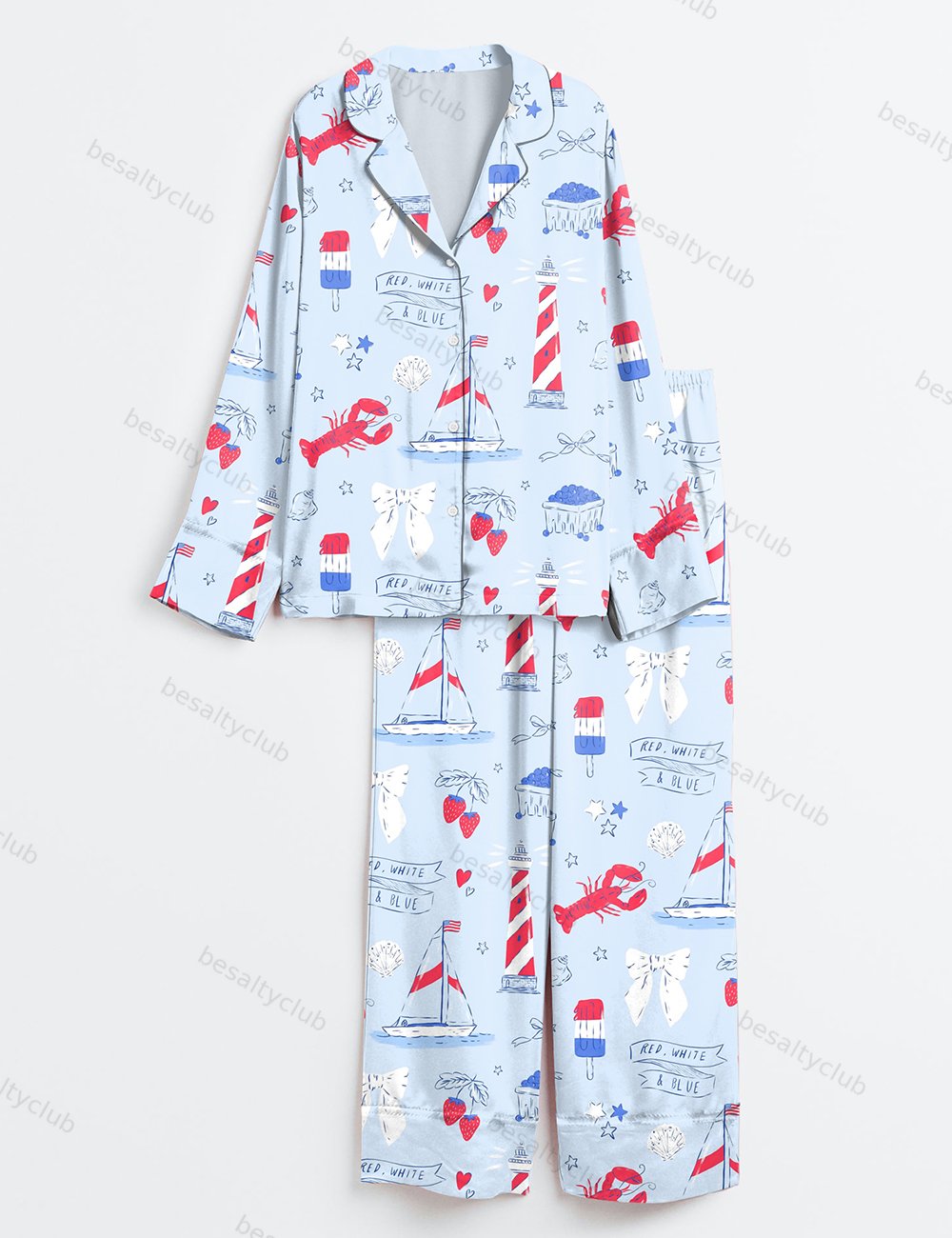 Summer Americana East Coast Red White And Blue Patriotic 4th Of July Long Sleeve Satin Pajama Set