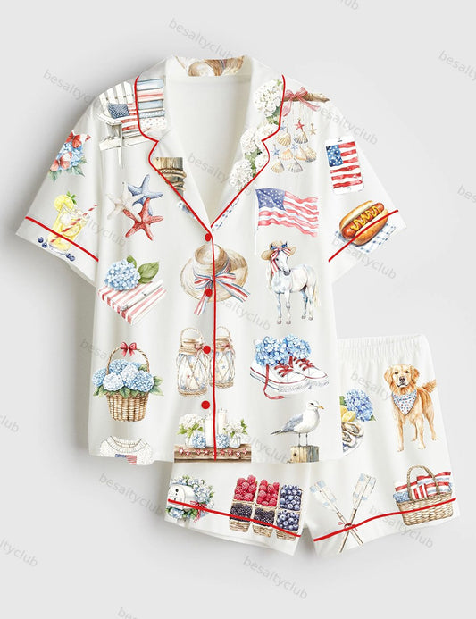 Watercolor Hello July Independence Day 4th of July Patriotic America Print Short Sleeve Satin Pajama Set