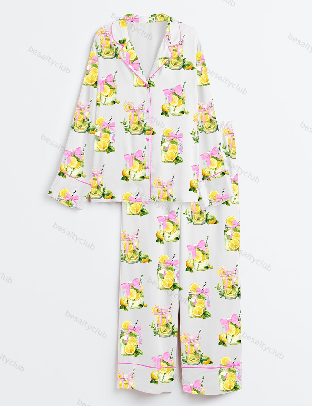 Coquette When Life Gives You Lemons Retro Fancy Lemon Print Long Sleeve Satin Pajama Set