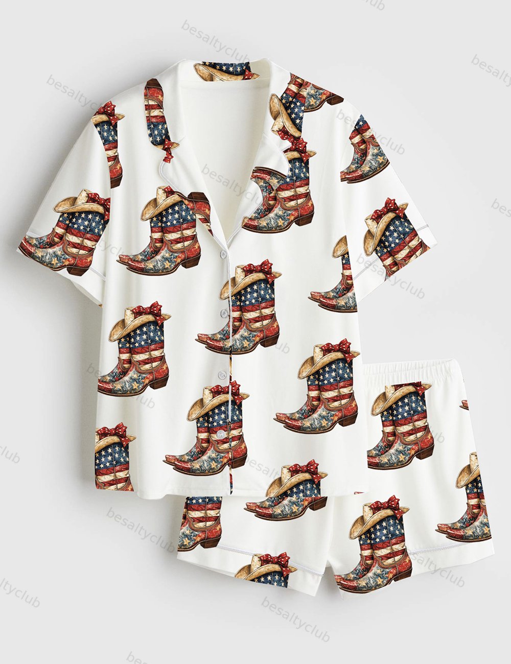 Coquette Cowgirl 4th Of July Cowgirl Boots America Western Short Sleeve Satin Pajama Set