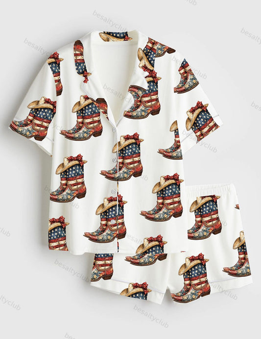 Coquette Cowgirl 4th Of July Cowgirl Boots America Western Short Sleeve Satin Pajama Set