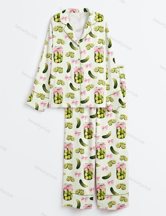 Pickles Coquette Cute Bow Pickle Jar Print Long Sleeve Satin Pajama Set