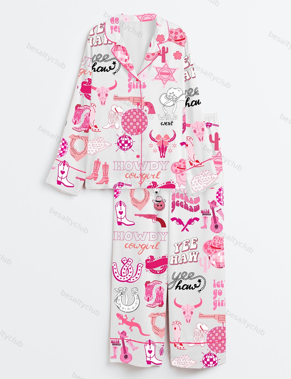 Cowgirl Boots Hat Let's Go Girls Disco Cowgirl Western Long Sleeve Satin Pajama Set