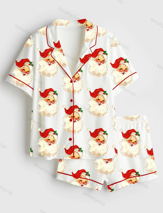 Merry And Bright Vintage Santa Christmas Retro Santa Claus Christmas Family Short Sleeve Satin Pajama Set