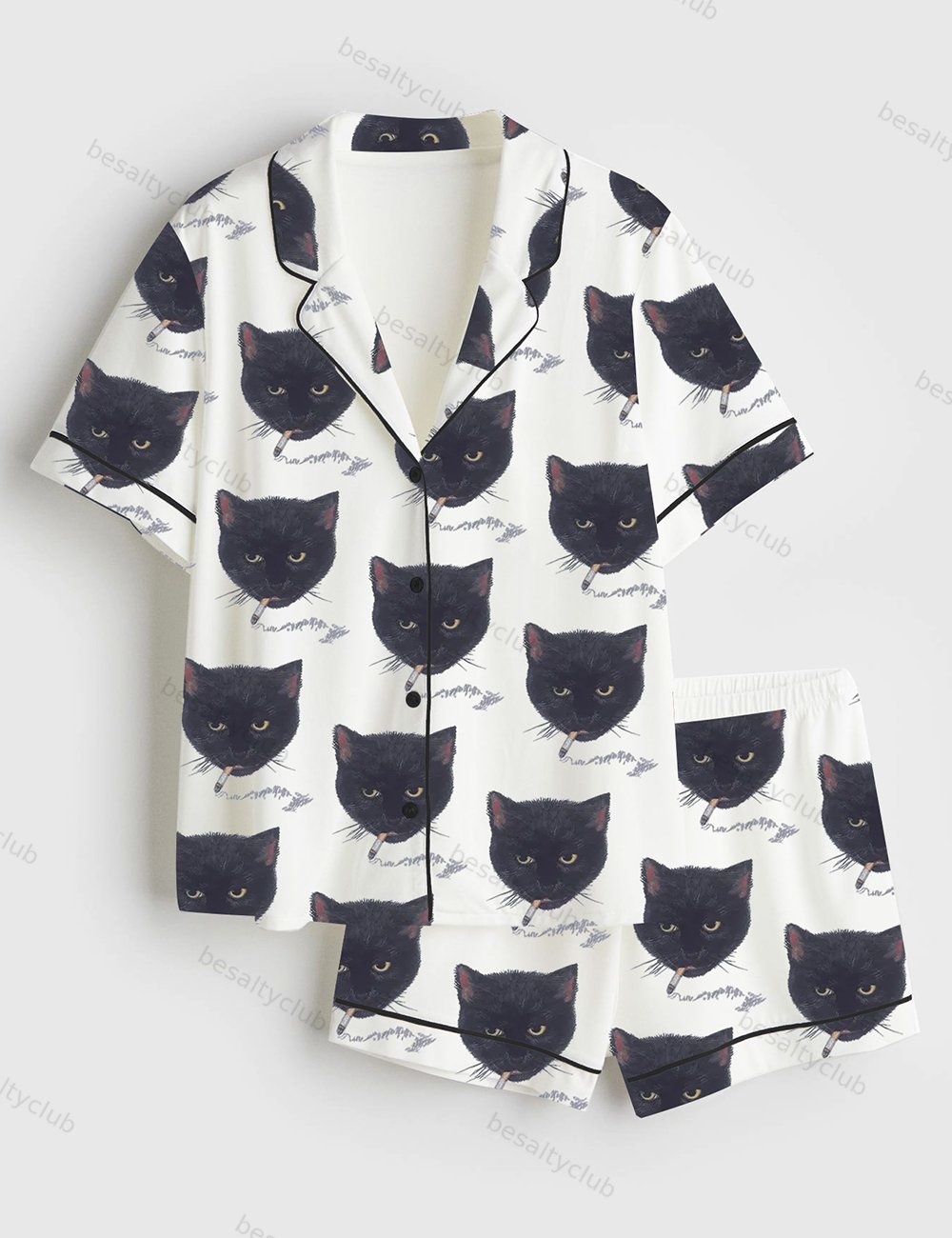 Smoking Cat Short Sleeve Satin Pajama Set