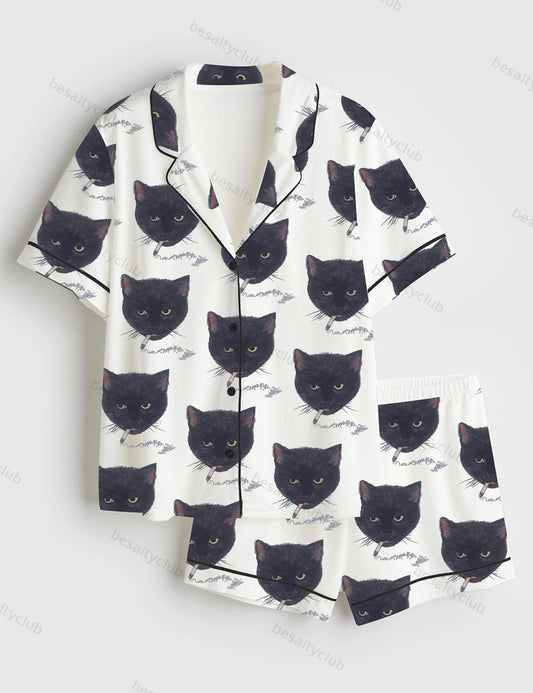 Smoking Cat Short Sleeve Satin Pajama Set