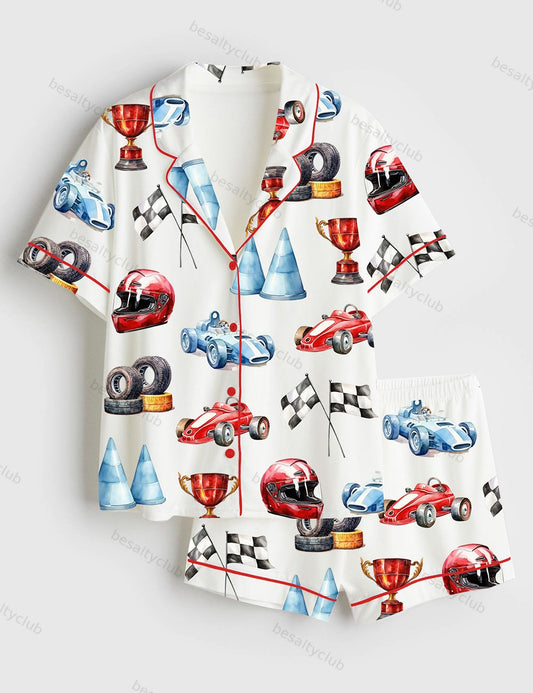 Watercolor Racing Cars Short Sleeve Satin Pajama Set