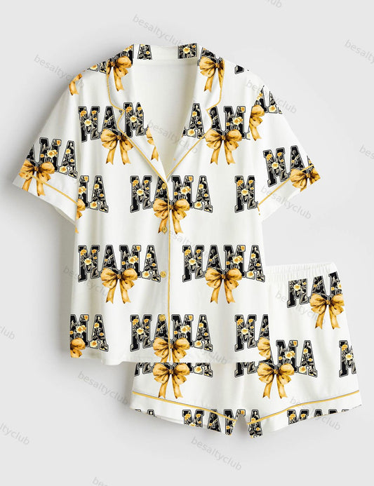 Floral Mama Coquette Mama Sunflower Girl Coquette Chinoiserie Floral Short Sleeve Satin Pajama Set