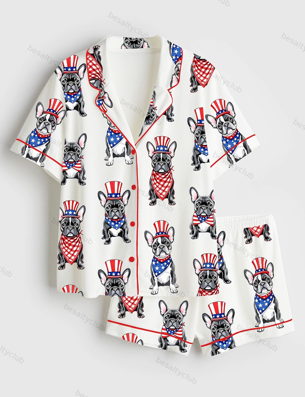 Patriotic French Bulldog 4th Of July Dog Short Sleeve Satin Pajama Set