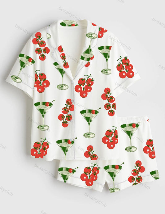 Tomato Girl Summer Cocktail Tomato Short Sleeve Satin Pajama Set