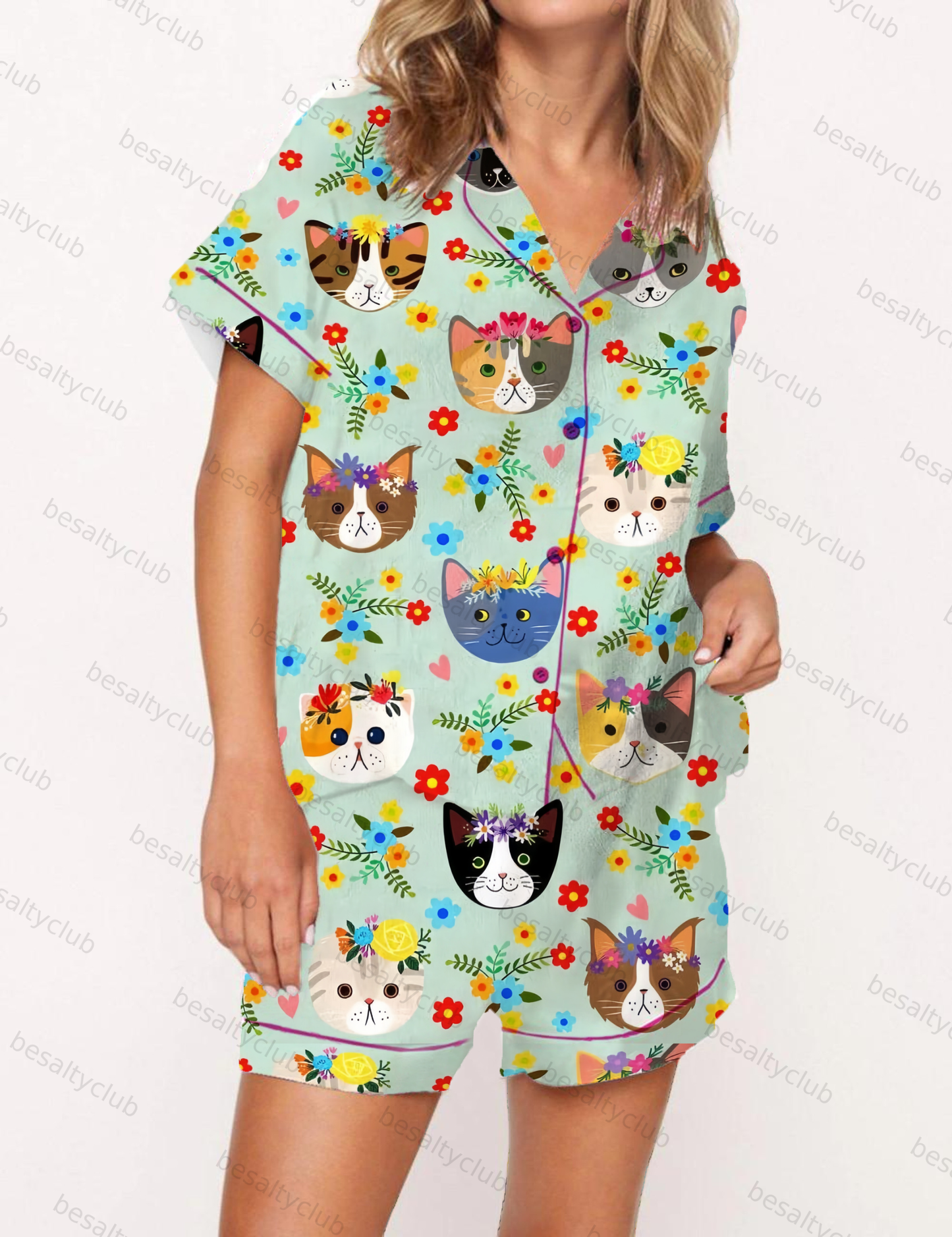 Cat Faces Print Satin Pajama Short Set