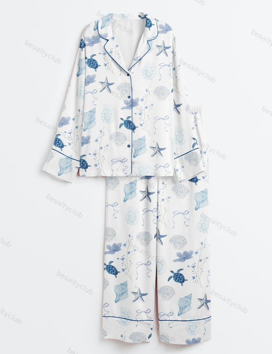 Summer Beach Ocean Coastal Summer Nautical Turtle Conch Bow Long Sleeve Satin Pajama Set