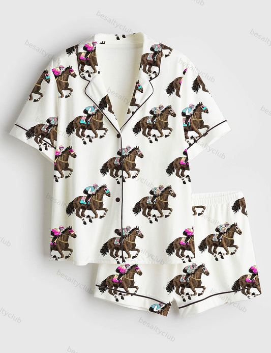 Race Horses Kentucky Derby Western Short Sleeve Satin Pajama Set