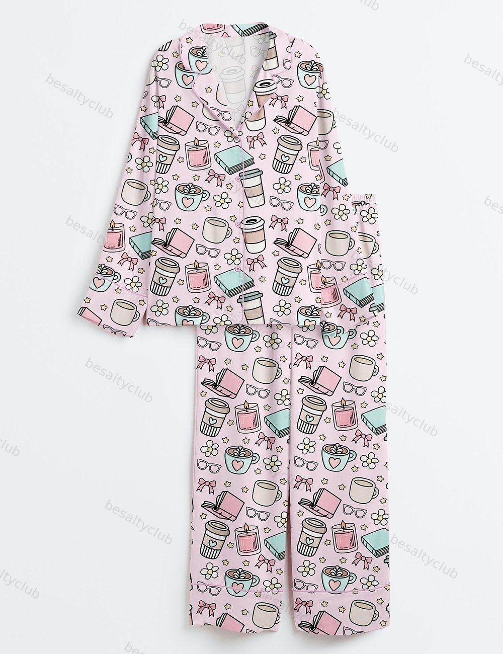 Books And Coffee Girly Morning Reading Bookish Coffee Print Long Sleeve Satin Pajama Set