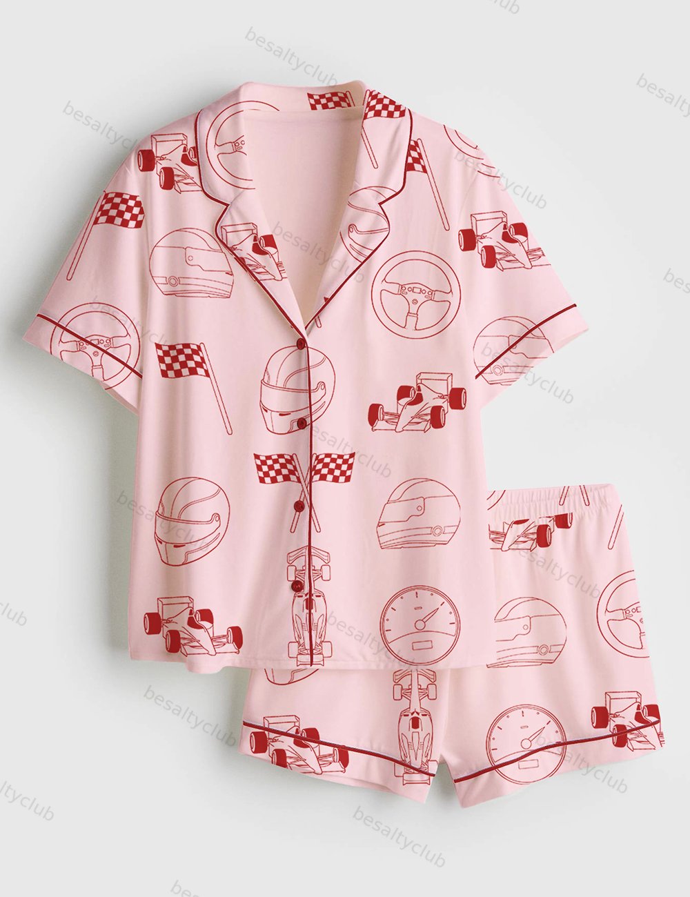 Racing Flag Racinng Cars Pink Short Sleeve Satin Pajama Set