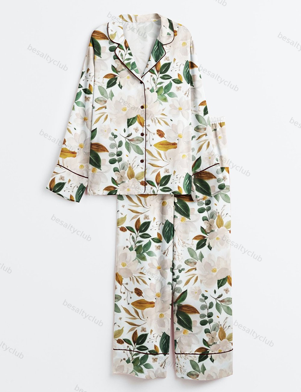 Romantic Magnolia Floral Long Sleeve Satin Pajama Set