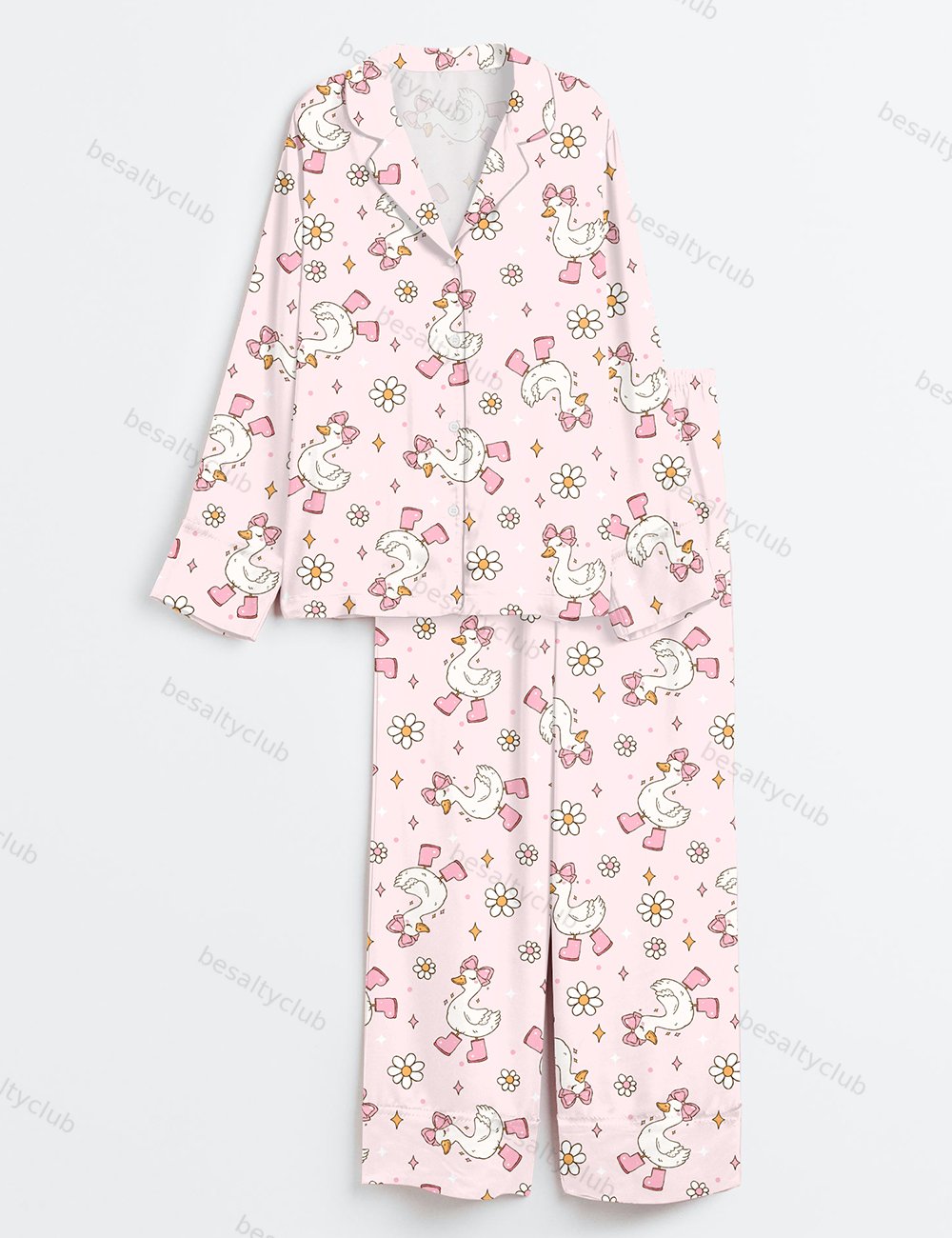 Silly Goose Repeating Goose Pattern Cute Pink Duck Print Long Sleeve Satin Pajama Set