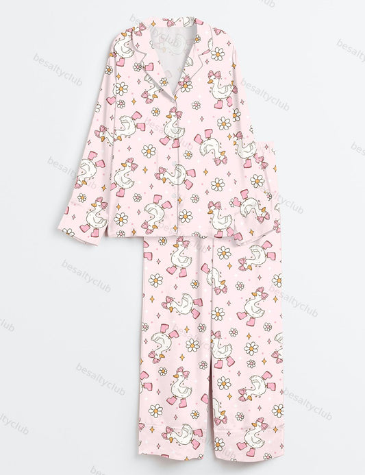 Silly Goose Repeating Goose Pattern Cute Pink Duck Print Long Sleeve Satin Pajama Set