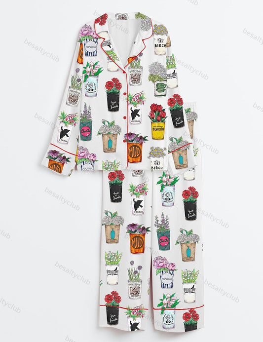 New York City Coffee Art Long Sleeve Satin Pajama Set