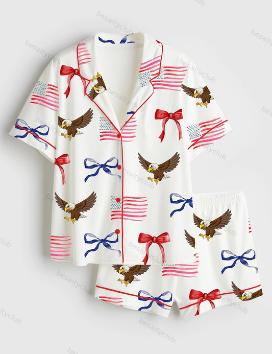Coquette 4th Of July American Girly Eagle US Flag Red White Blue Short Sleeve Satin Pajama Set