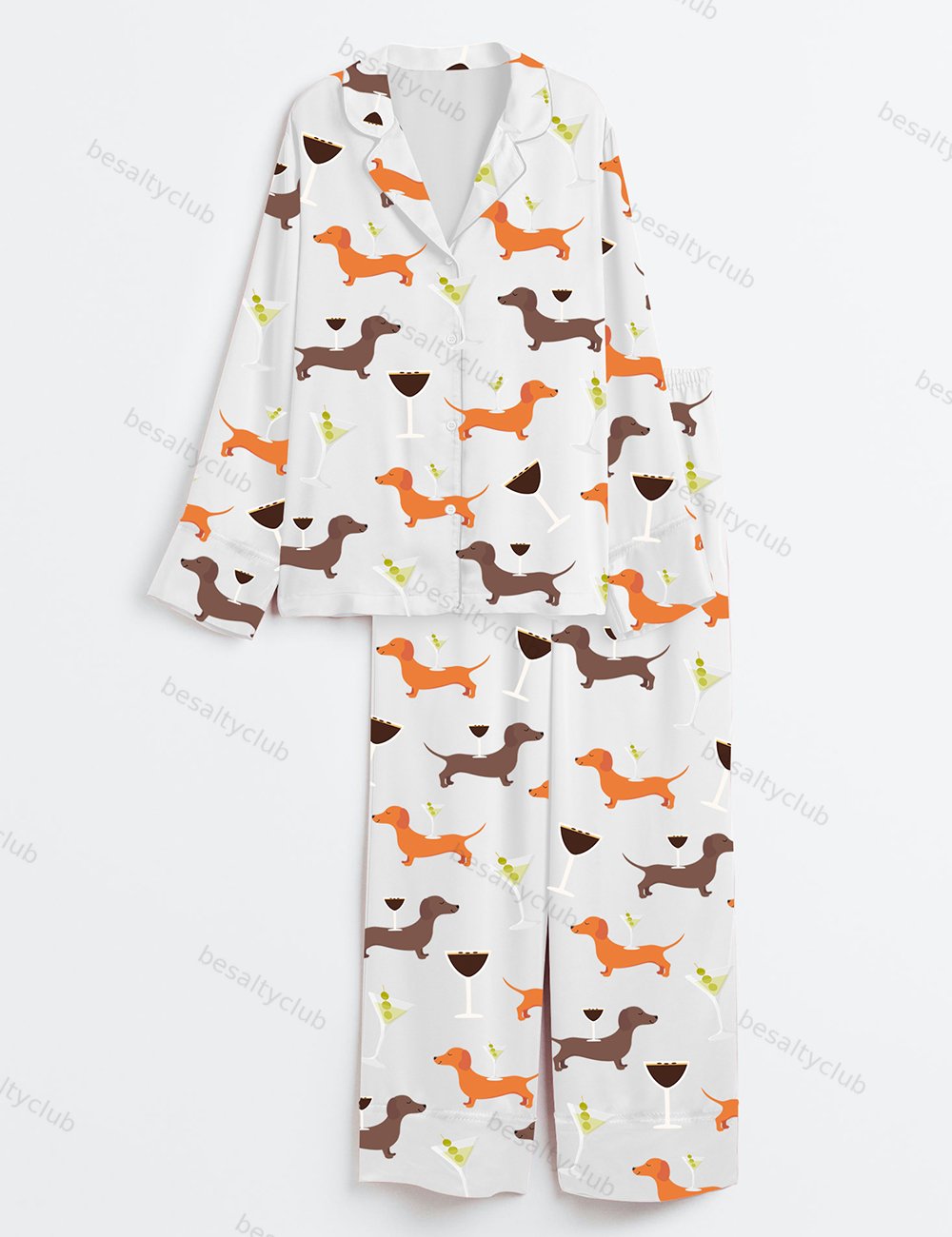 Dachshund Weenies And Tinis Bachelorette Tini Weenie Martini Party Print Long Sleeve Satin Pajama Set