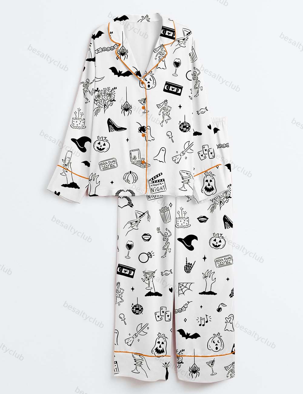 Hand Drawn Halloween Bachelorette Whimsical Doodles Spooky Clipart for Halloween Movie Night & Witchy Bachelorette Party Invite Long Sleeve Satin Pajama Set